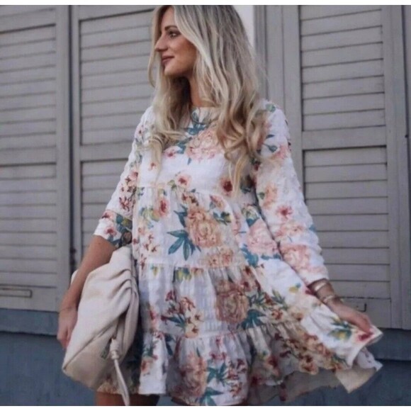 Zara The Sharon Multicolored Floral Print Textured Tiered Babydoll Dress Sm NWT - Picture 1 of 8